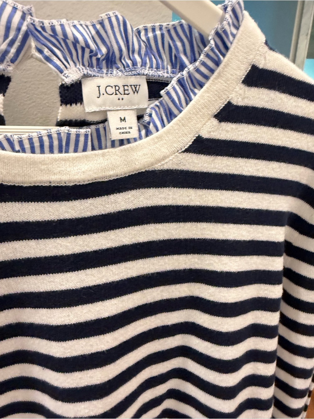 J. Crew Navy and White Striped Crewneck Sweater M - Picture 2 of 2